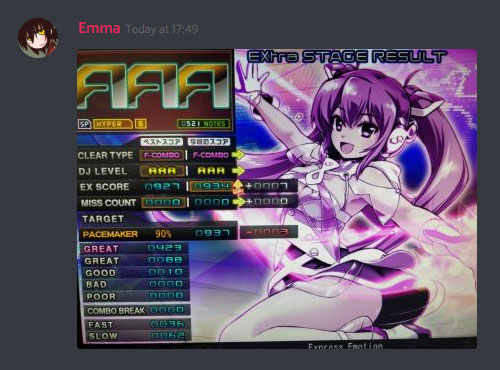 A picture of a IIDX result screen posted in Discord