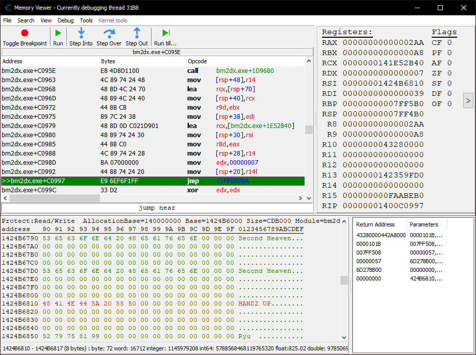 Cheat Engine memory viewer with an execute breakpoint on where the mid-function hook is placed