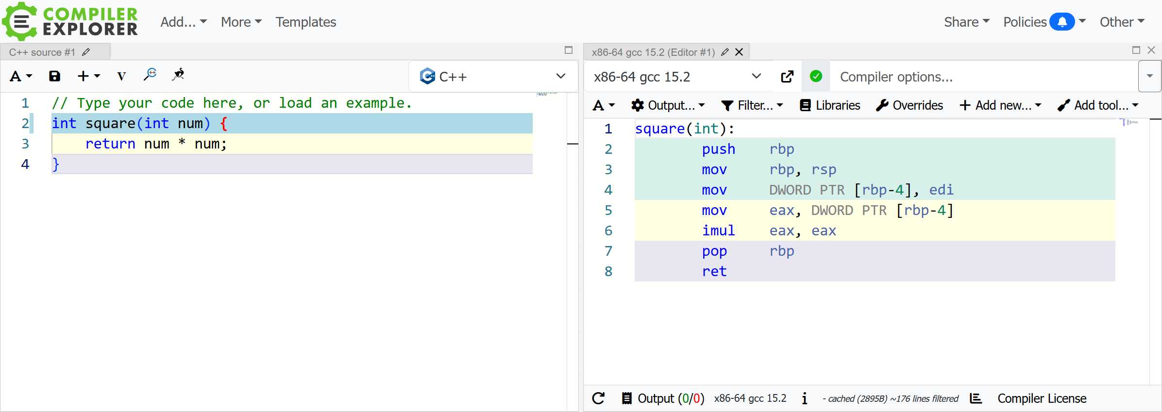 Default square function in Compiler Explorer
