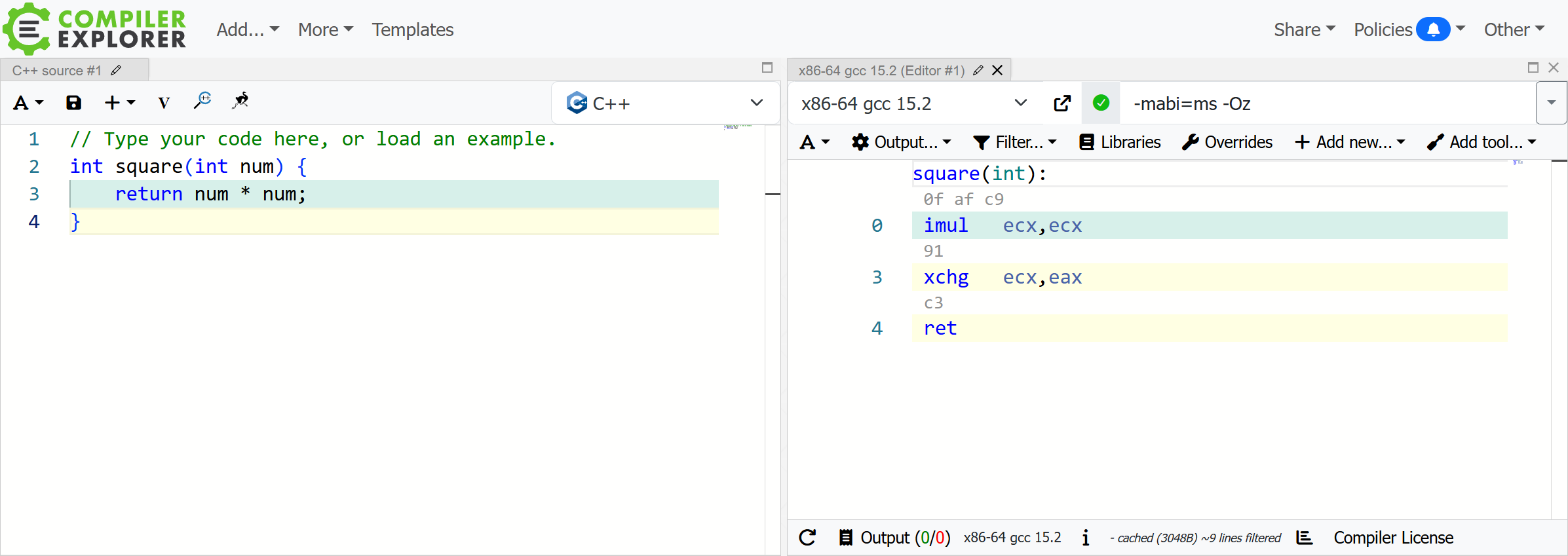 Default square function in Compiler Explorer with custom compiler flags