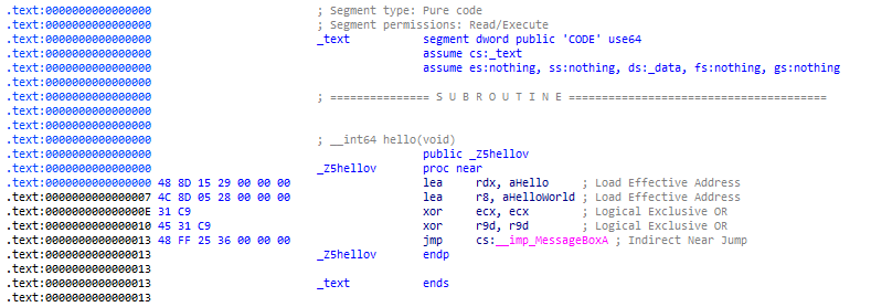 Compiled 'hello' function disassembled in IDA, .text section