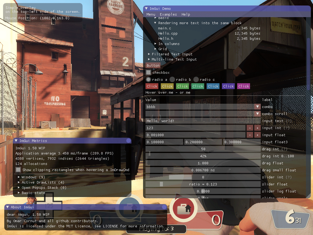 ImGui test window in Team Fortress 2 on Linux